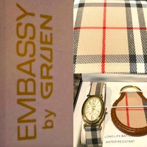 NIB Embassy Gruen Plaid Watch & Matching Keychain